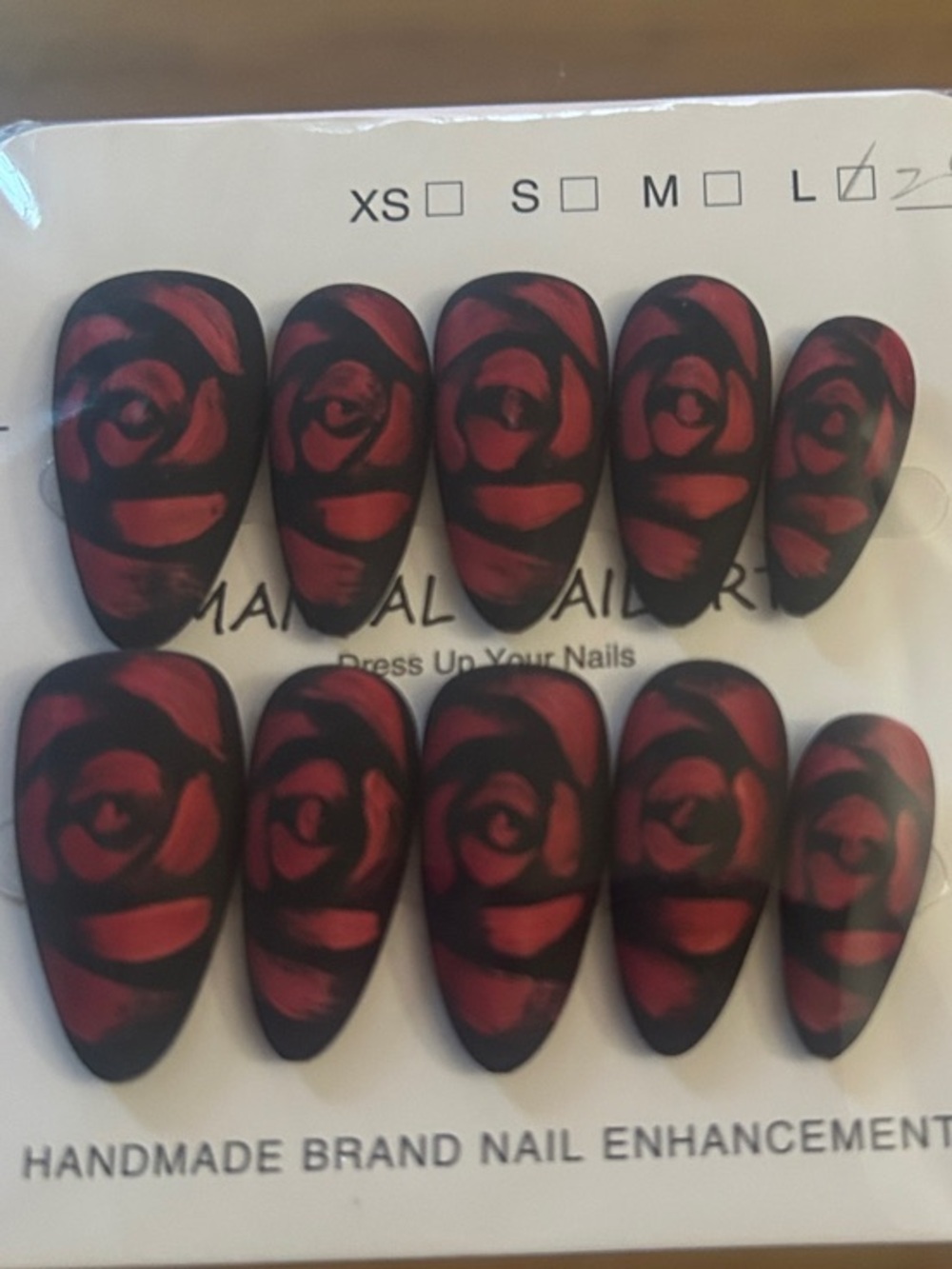 Handmade Matte Black & Red Rose Press-On Nails